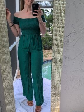 Guess Emerald Green Off-Shoulder Wide-Leg Jumpsuit